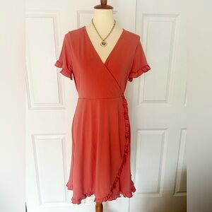 Versona Coral Ruffle Faux Wrap Dress NWOT